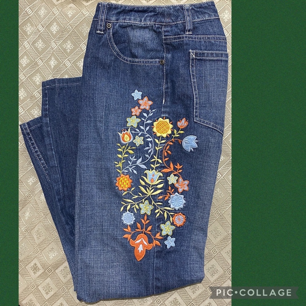 Y2K Vintage TALBOTS Petite Floral Embroidered Jeans 4 Stretch Wide Leg Flower 4P